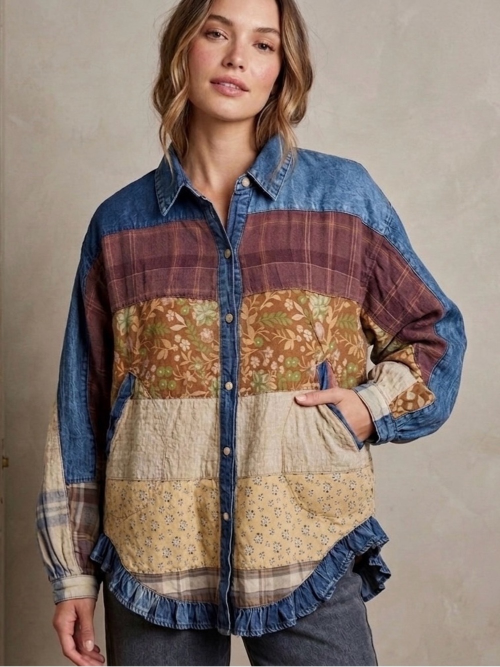 Young Threads | NWT Patchwork Denim & Plaid Ruffle Hem Shirt OversizedFit